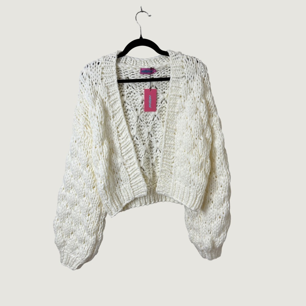 Edikted OS Ivory Chunky Knit Cropped Slouchy Fall Cardigan Balloon Sleeve NWT